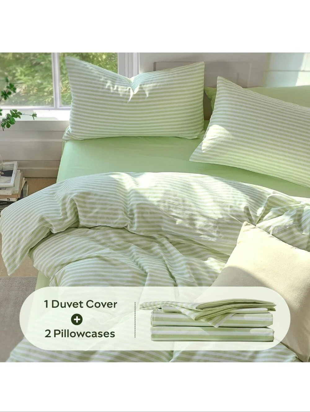 JELLYMONI Striped Duvet Cover Set - Full Size Comforter Cover Classic Sage Green